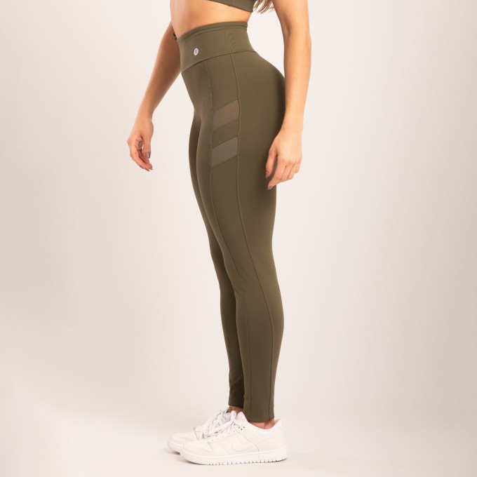 Calça Legging Verde Oliva com Recorte Tule