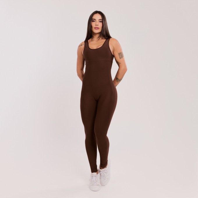 Macacão Básico com Alças Largas Marrom Escuro